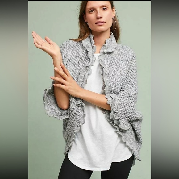 Moth Anthropologie Rocia Grey Ruffle Trim Cocoon Cardigan Sweater Wool Blend - Picture 1 of 9